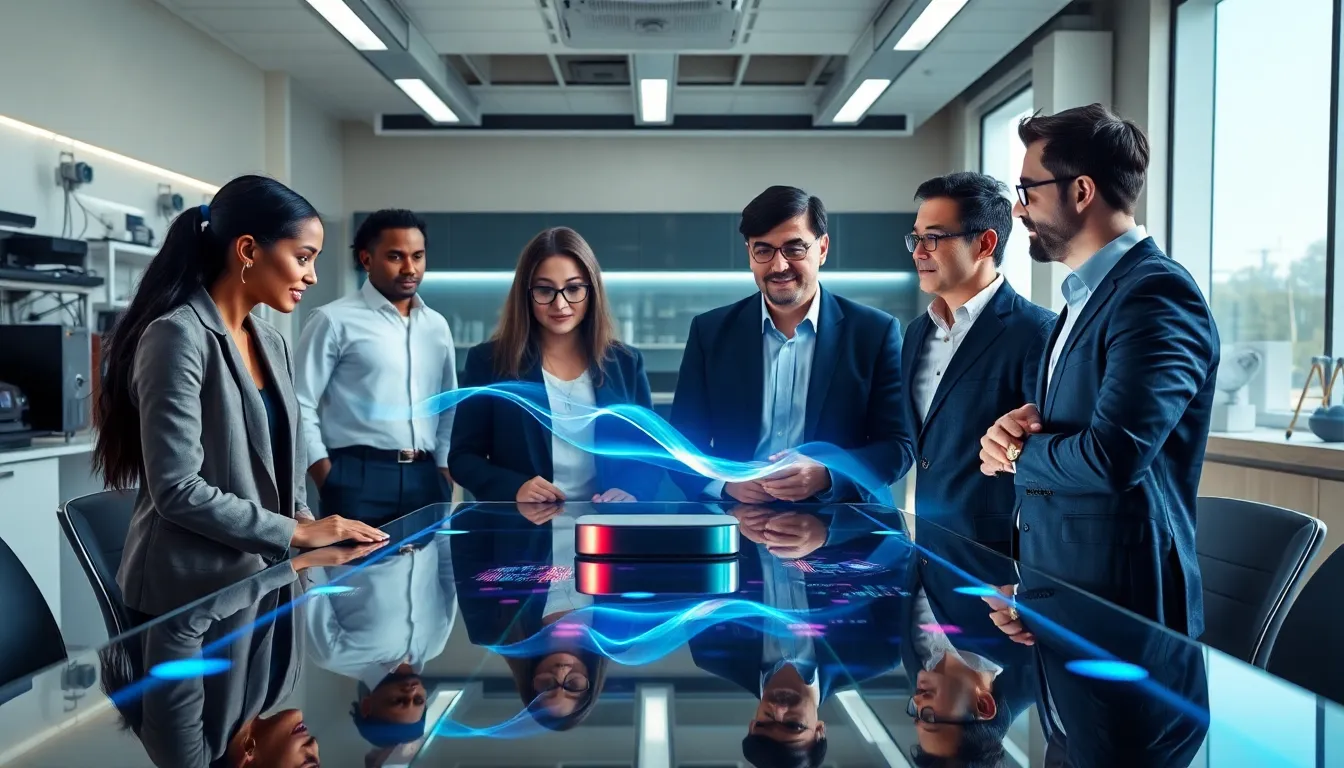 diverse team discussing light manipulation in a modern lab.